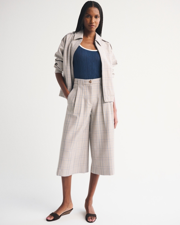 High Rise Tailored Culotte Pant, Tan Plaid view 1