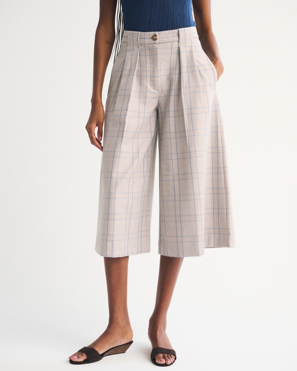 High Rise Tailored Culotte Pant, Tan Plaid view 2