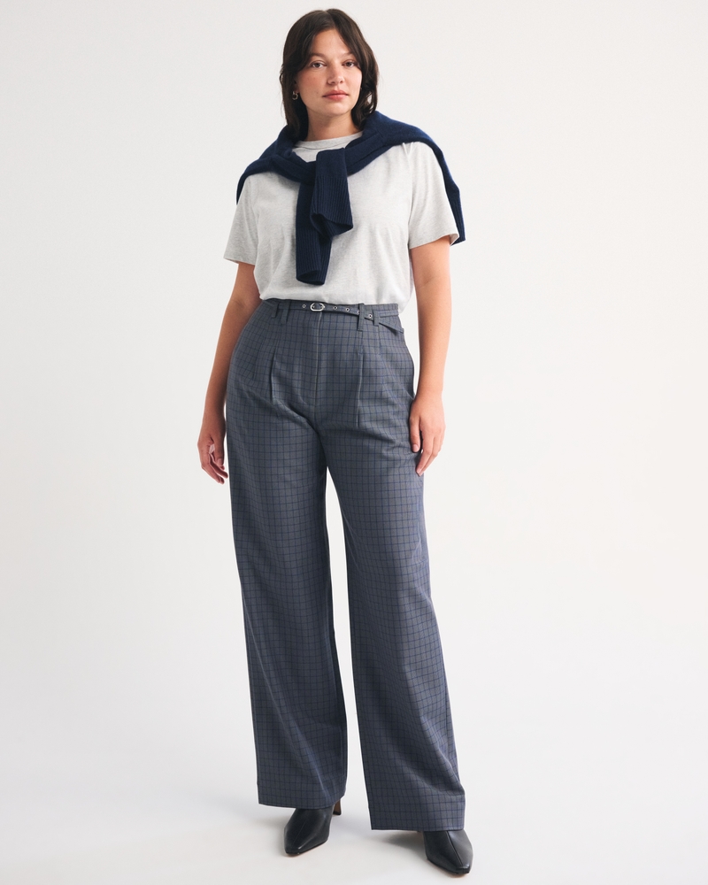 Curve Love A&F Sloane Tailored Hardware Wide Leg Pant - grey check belted by Abercrombie & Fitch