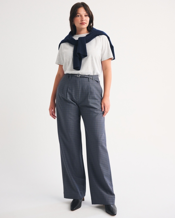 Curve Love A&F Sloane Belted Tailored Ultra High Rise Wide Leg Pant, Gray Check view 1