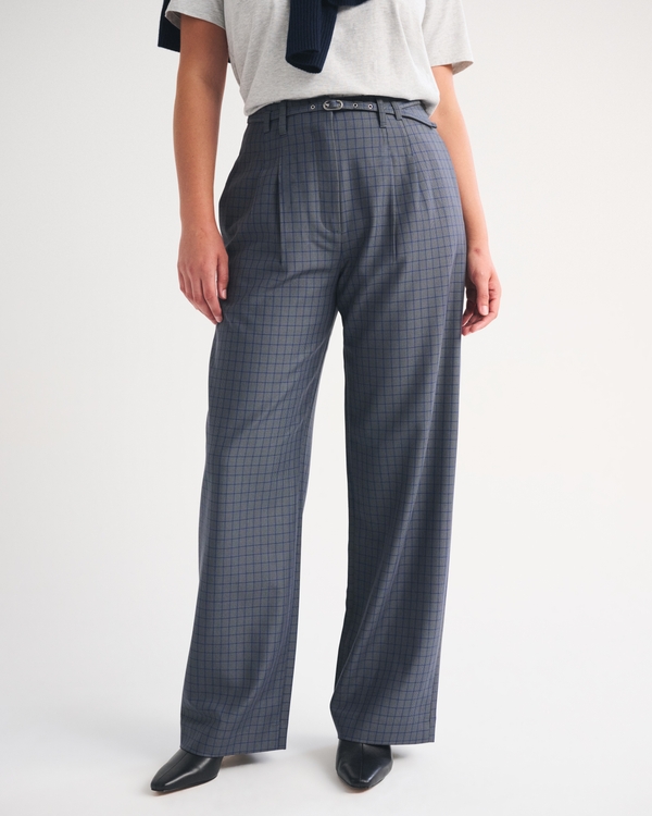 Curve Love A&F Sloane Belted Tailored Ultra High Rise Wide Leg Pant, Gray Check view 2