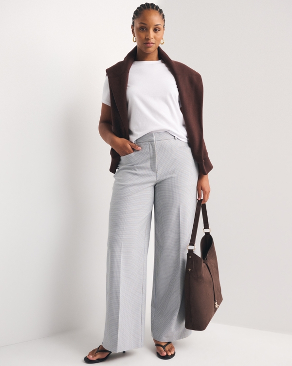 Curve Love A&F Forme Ultra Wide Leg Pant, Blue Houndstooth view 1