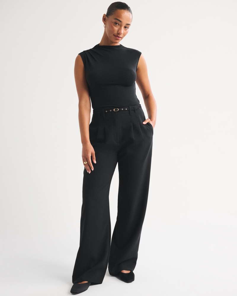 Curve Love A&F Sloane Tailored Hardware Wide Leg Pant - black belted by Abercrombie & Fitch