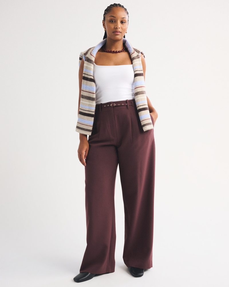 Curve Love A&F Sloane Tailored Belted Wide Leg Pant - mahogany belted by Abercrombie & Fitch