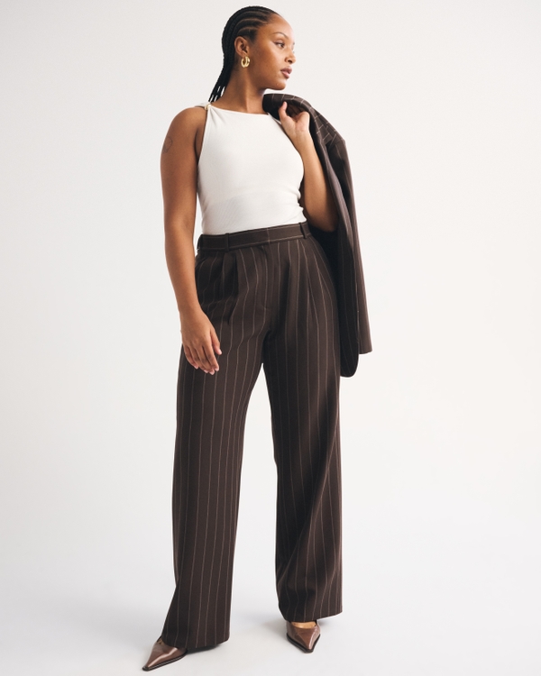 Curve Love A&F Sloane Tailored Wide Leg Pant, Dark Coffee Pinstripe view 1