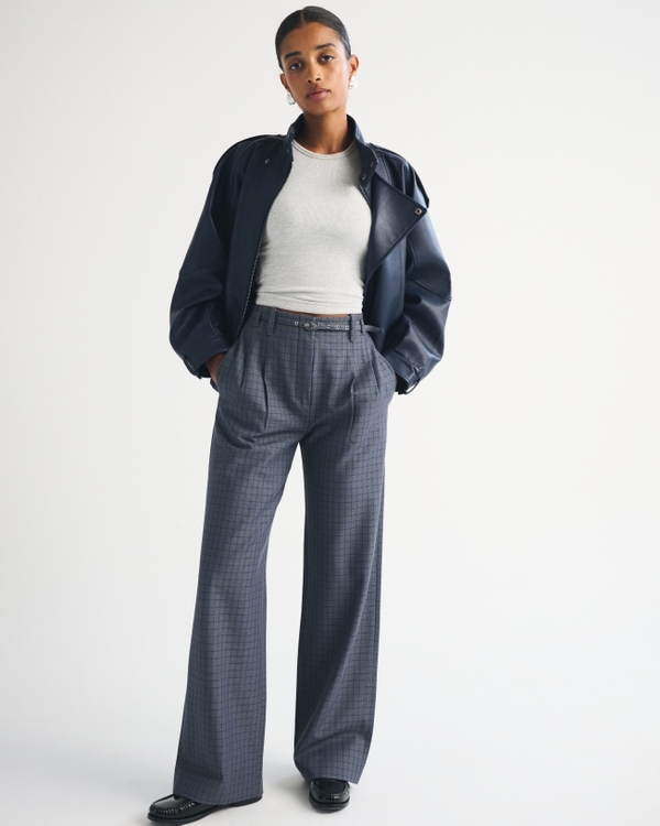 A&F Sloane Belted Tailored Ultra High Rise Wide Leg Pant, Gray Check view 1