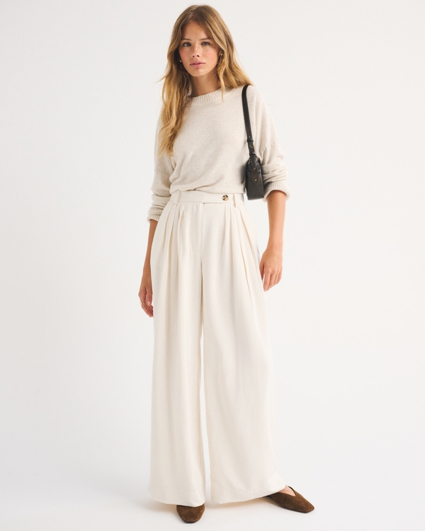 High Rise Crepe Tailored Palazzo Pant, Cream view 1