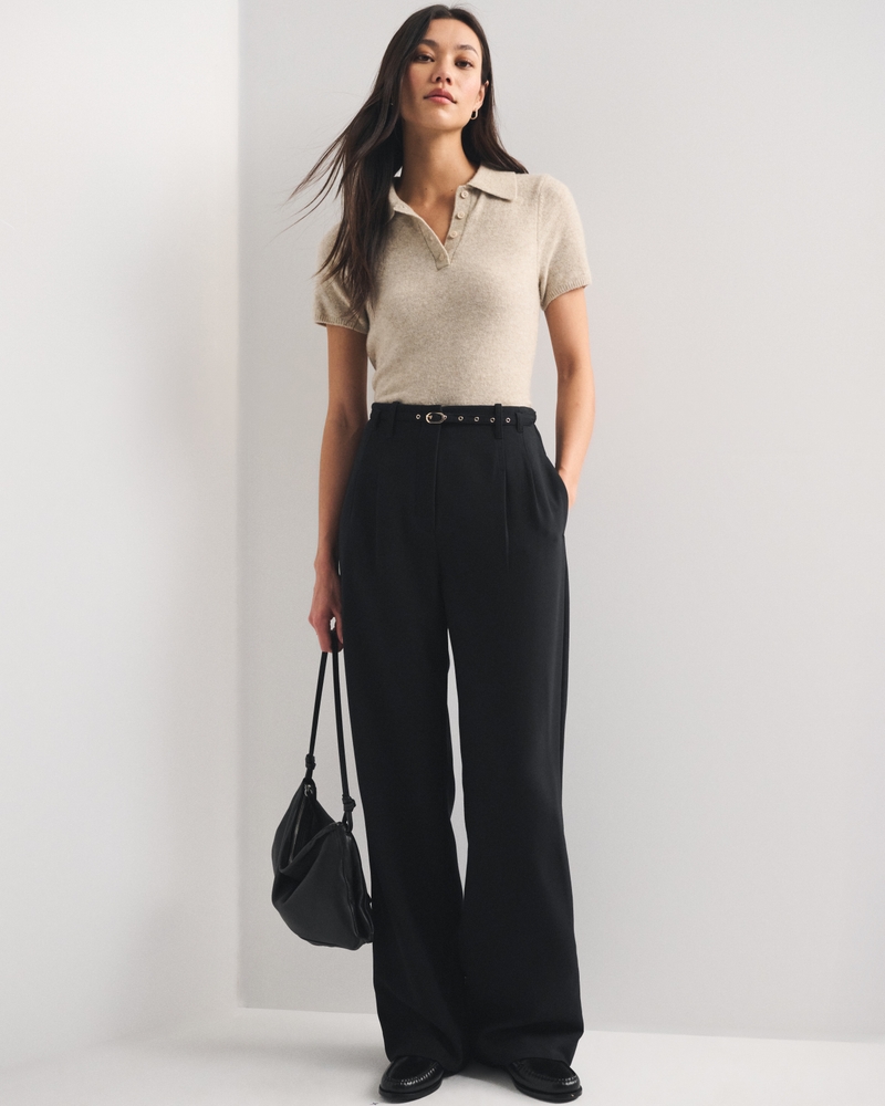A&F Sloane Tailored Belted Wide Leg Pant - black belted by Abercrombie & Fitch