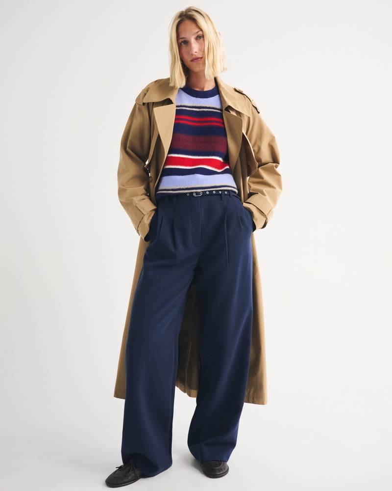A&F Sloane Tailored Hardware Wide Leg Pant - muted navy belted by Abercrombie & Fitch