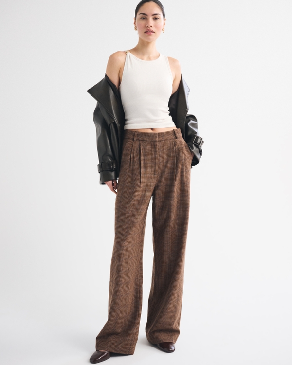 A&F Sloane Wool-Blend Tailored Wide Leg Pant, Brown Plaid view 1