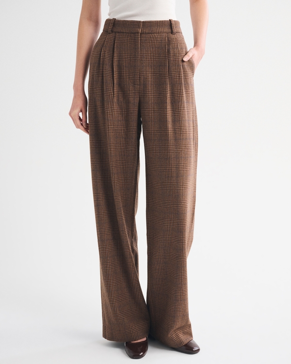 A&F Sloane Wool-Blend Tailored Wide Leg Pant, Brown Plaid view 2