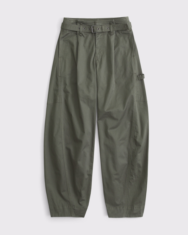 Curve Love Belted Barrel Utility Pant, Muted Basil view 1
