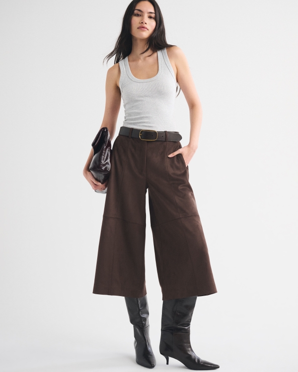 High Rise Vegan Suede Tailored Culotte Pant, Dark Coffee view 2