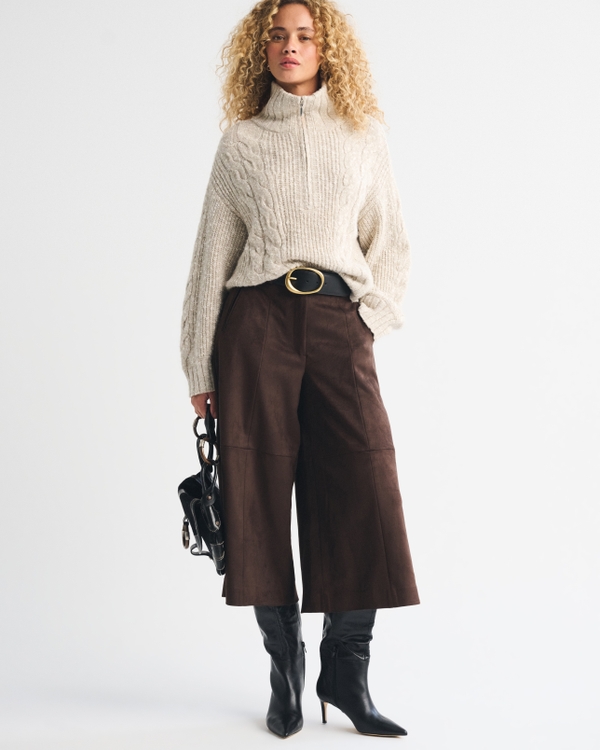 Curve Love High Rise Vegan Suede Tailored Culotte Pant, Dark Coffee view 1