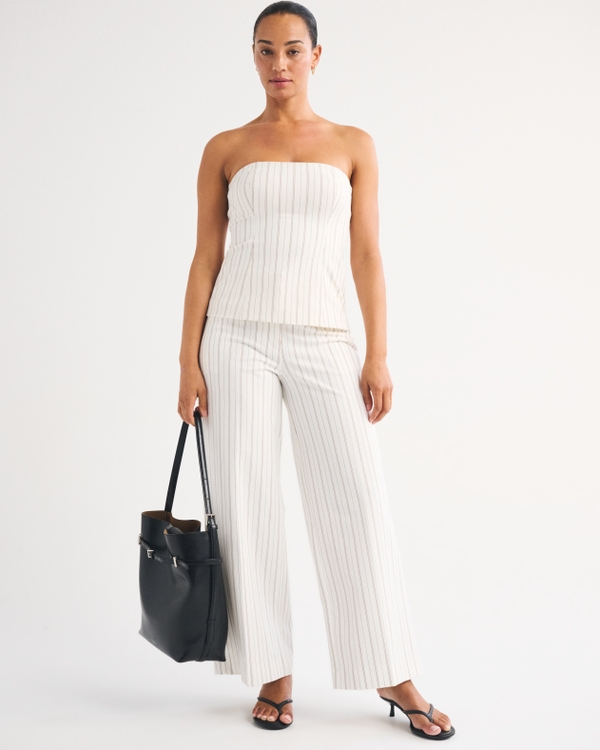 Curve Love A&F Forme Ultra Wide Leg Pant, White Pinstripe view 1