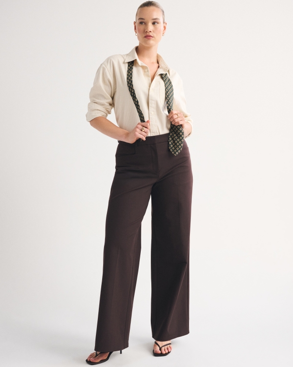 Pantaloni Curve Love A&F Forme a gamba larga, Caffè Scuro view 1