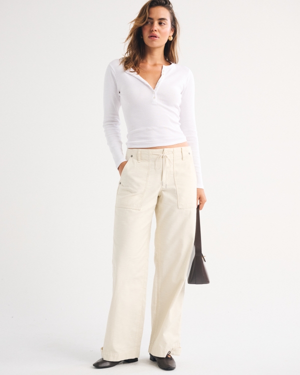 100% Cotton Low Rise Ultra Loose Weekender Pant, Cream view 1