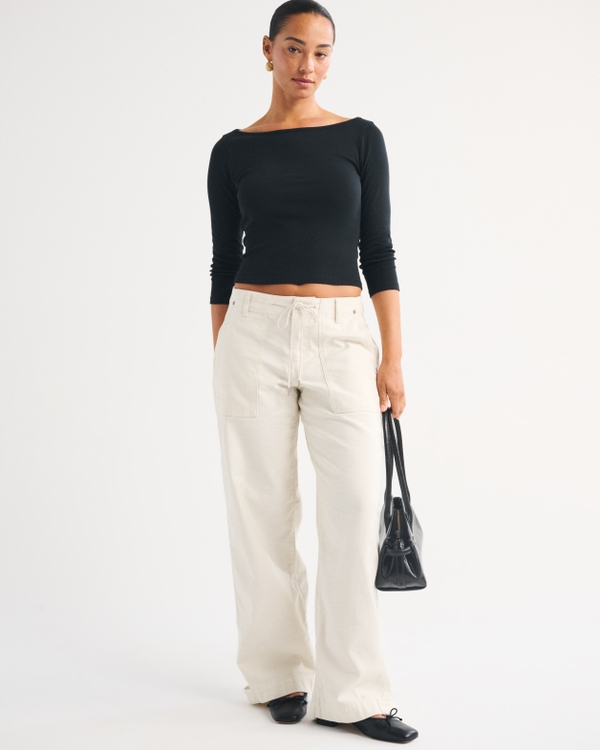 100% Cotton Curve Love Low Rise Ultra Loose Weekender Pant, Warm Beige view 1
