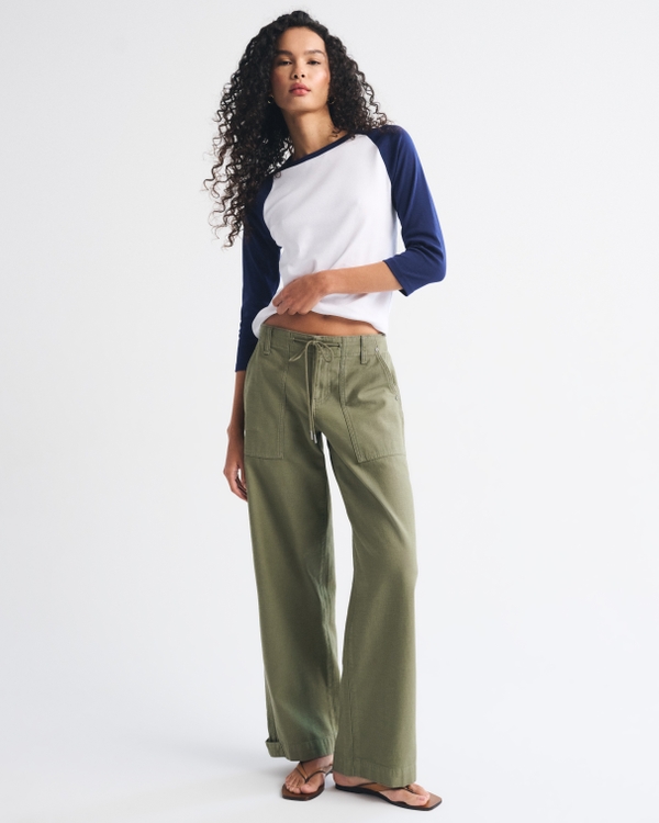 100% Cotton Low Rise Ultra Loose Weekender Pant, Olive Green view 1