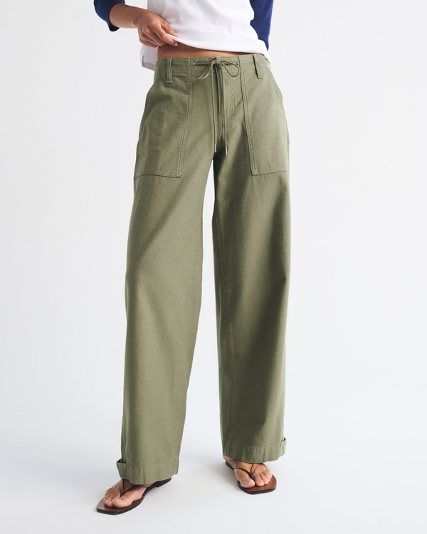 100% Cotton Low Rise Ultra Loose Weekender Pant, Olive Green view 2
