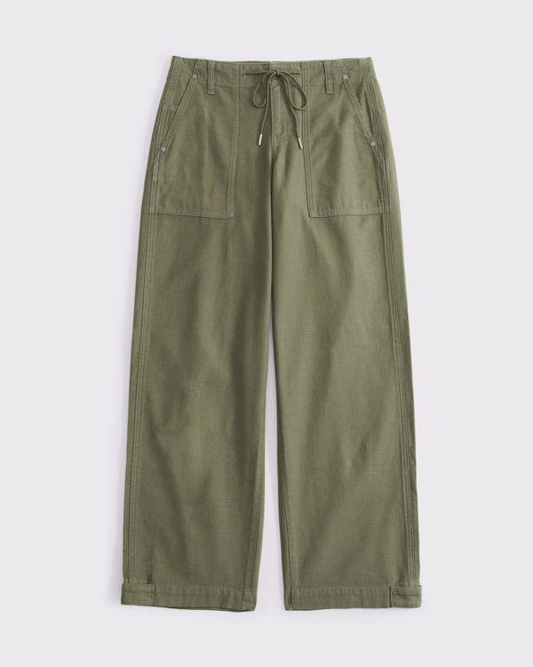100% Cotton Low Rise Ultra Loose Weekender Pant, Olive Green view 1