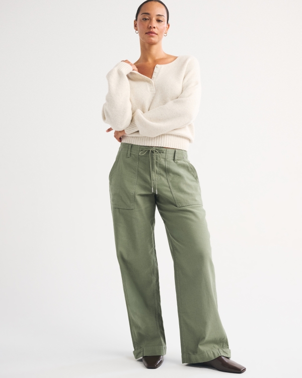100% Cotton Curve Love Low Rise Ultra Loose Weekender Pant, Olive Green view 1