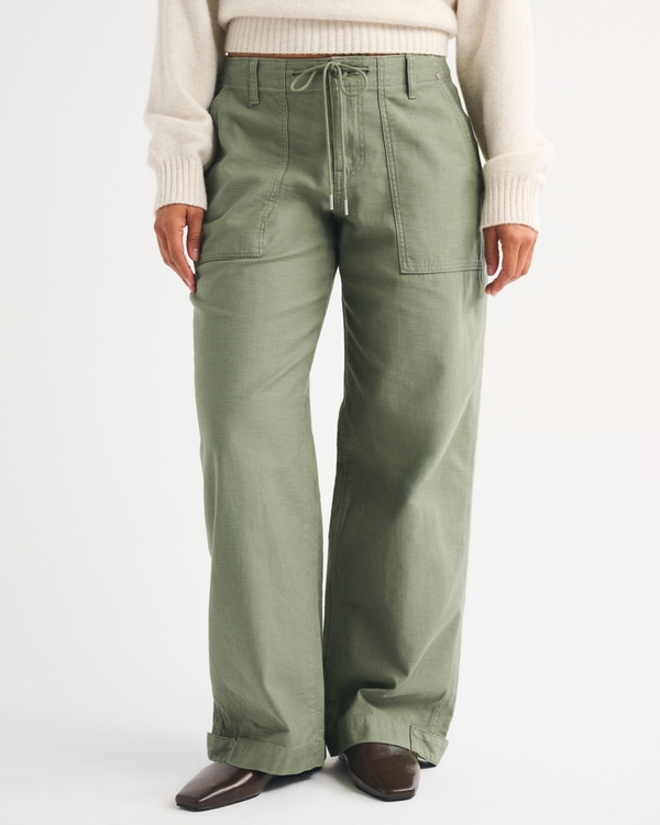 100% Cotton Curve Love Low Rise Ultra Loose Weekender Pant, Olive Green view 2