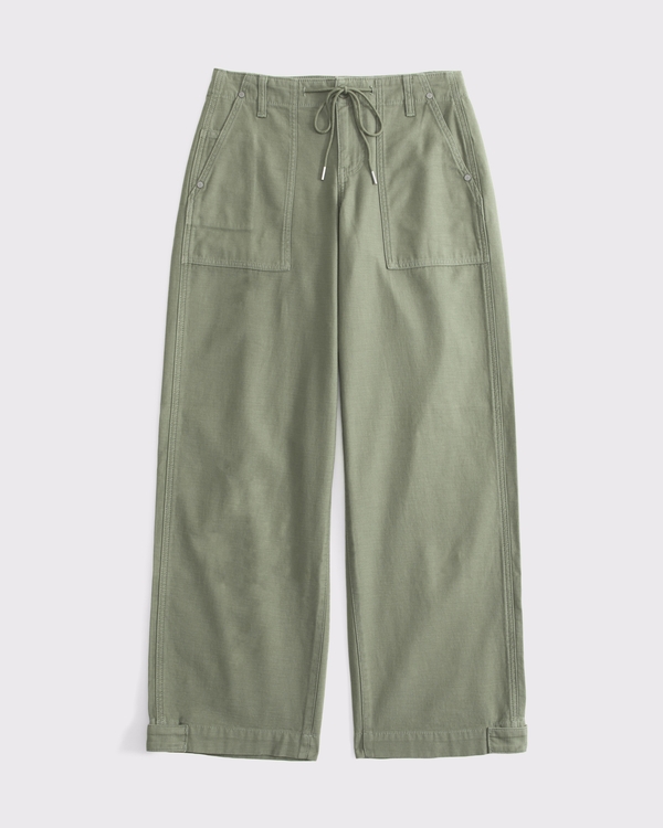 100% Cotton Curve Love Low Rise Ultra Loose Weekender Pant, Olive Green view 1