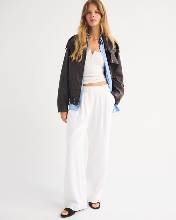 A&F Sloane Low Rise Linen-Blend Tailored Wide Leg Pant, White view 1