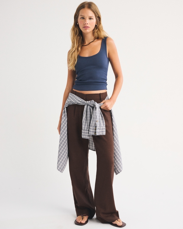 A&F Sloane Low Rise Linen-Blend Tailored Wide Leg Pant, Coffee view 1
