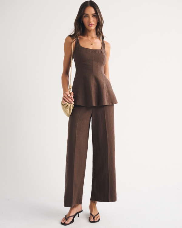 100% Linen High Rise Cropped Wide Leg Pant, Dark Brown view 1