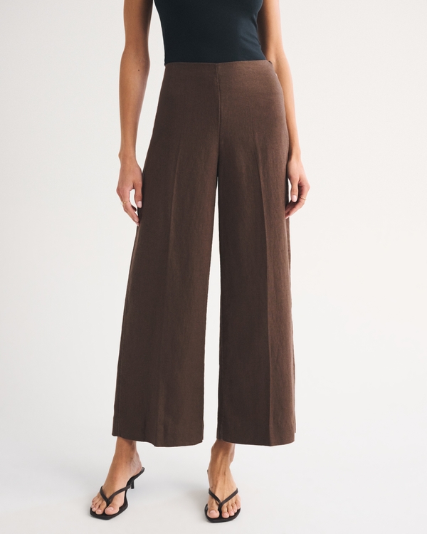 100% Linen High Rise Cropped Wide Leg Pant, Dark Brown view 2
