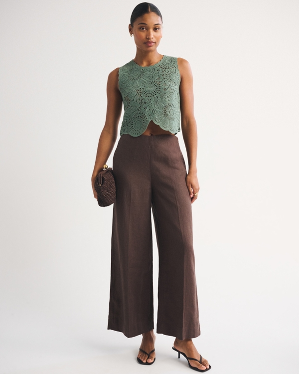 100% Linen Curve Love High Rise Cropped Wide Leg Pant, Dark Brown view 1