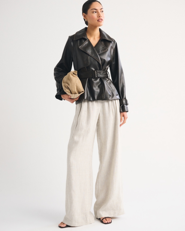 100% Linen High Rise Tailored Palazzo Pant, Oatmeal view 1
