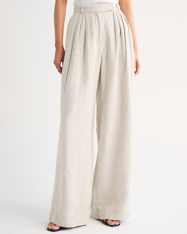 100% Linen High Rise Tailored Palazzo Pant, Oatmeal view 2