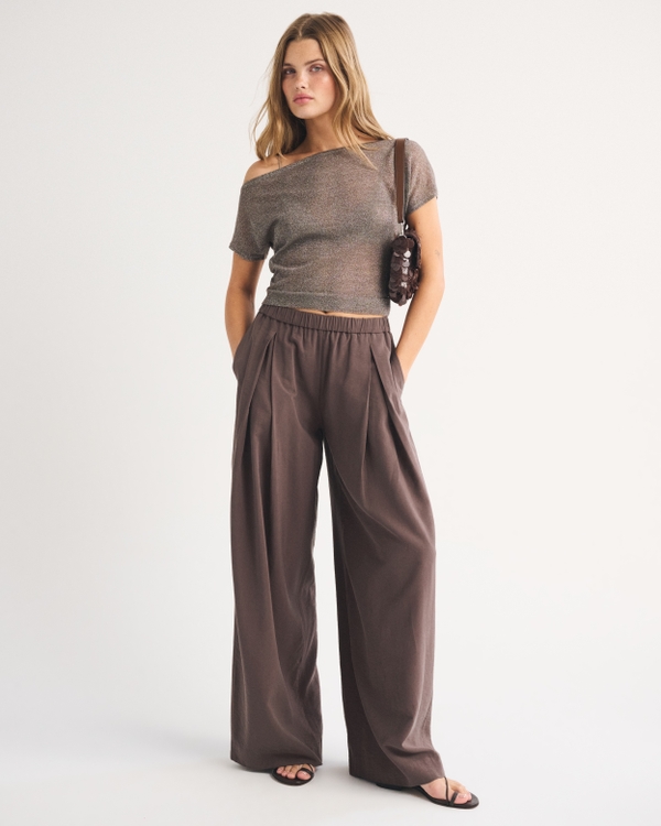 Lightweight Crepe Pleated Pull On Pant, Chocolate Brown view 1