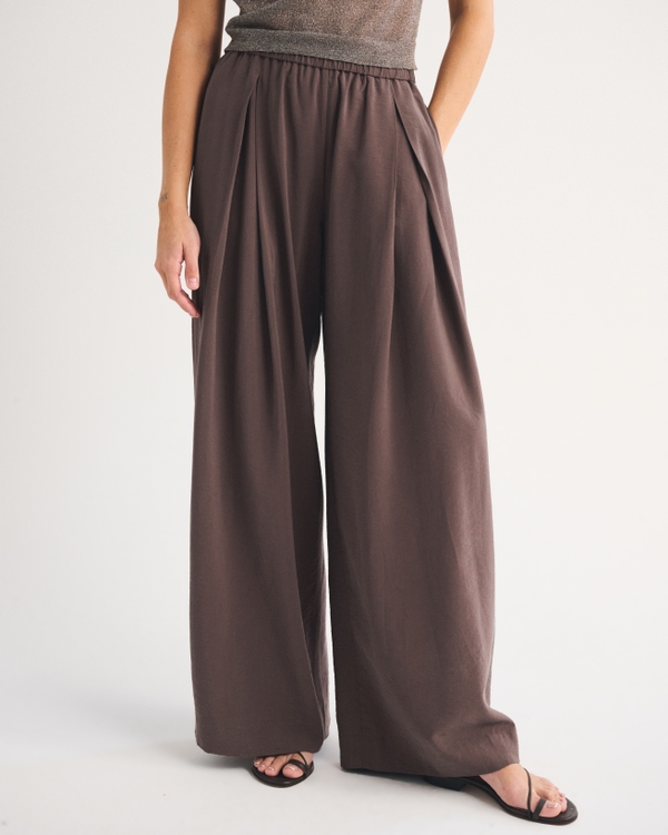 Lightweight Crepe Pleated Pull On Pant, Chocolate Brown view 2