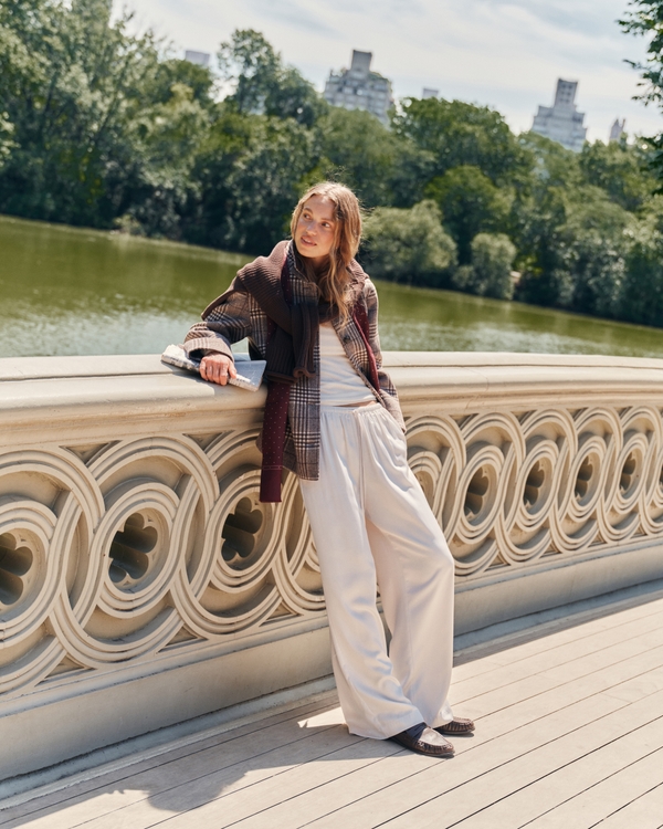 A&F Gemma Satin Wide Leg Pull-On Pant, Cream view 1