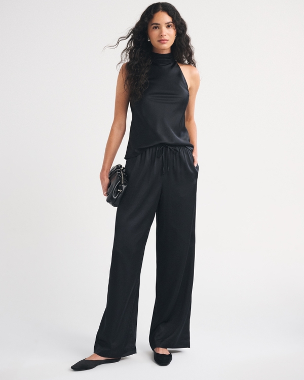 A&F Gemma Satin Wide Leg Pull-On Pant, Black view 1