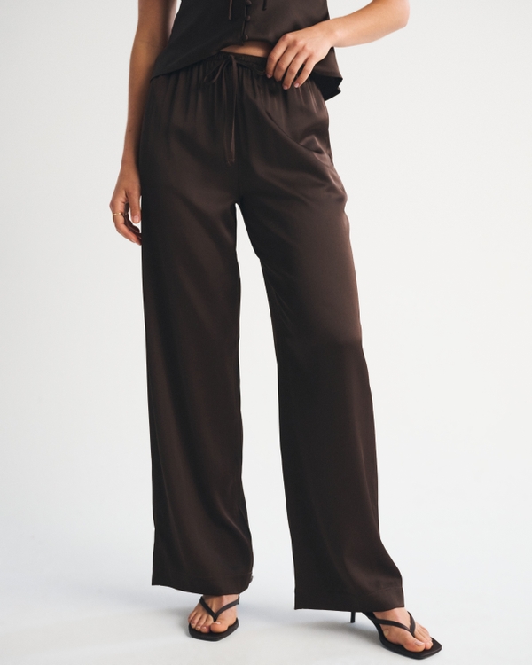A&F Gemma Satin Wide Leg Pull-On Pant, Dark Coffee view 2