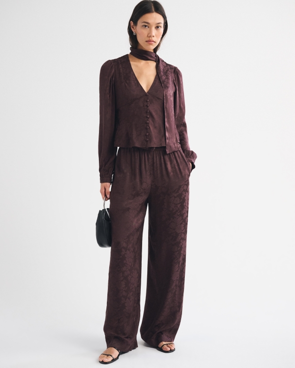 A&F Gemma Satin Jacquard Wide Leg Pull-On Pant