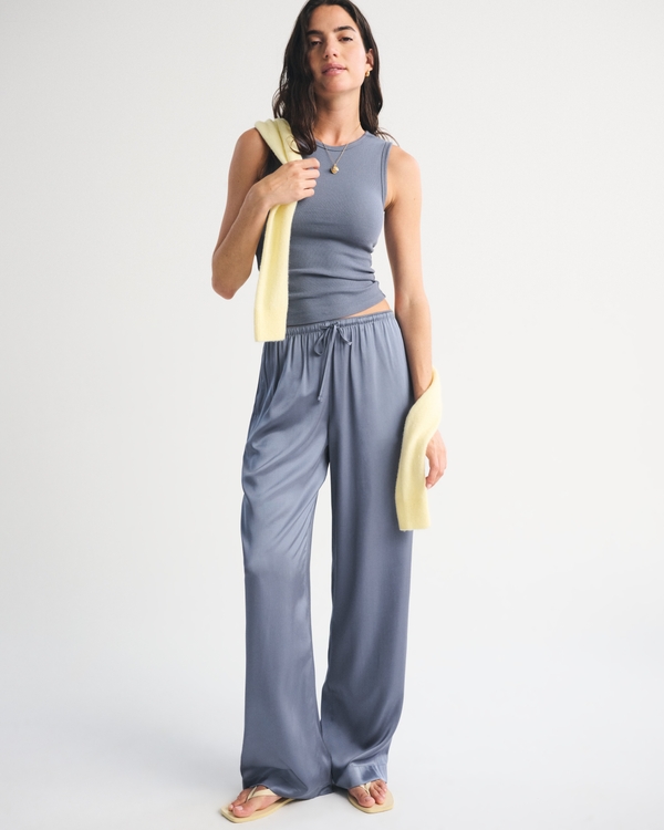 A&F Gemma Satin Wide Leg Pull-On Pant, Blue Gray view 1