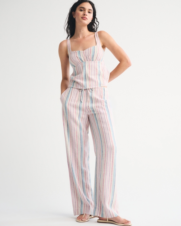Linen-Blend Pull-On Pant, Pink Stripe view 1