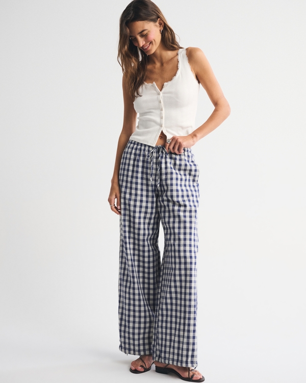 Convertible Seersucker Balloon Pull-On Pant, Blue Plaid view 1