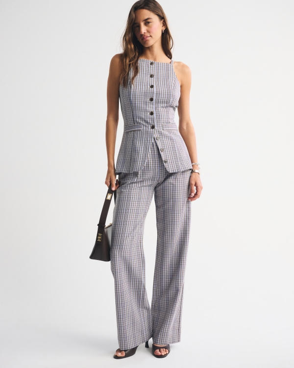 A&F Sloane Tailored Wide Leg Pant, Blue Plaid view 1