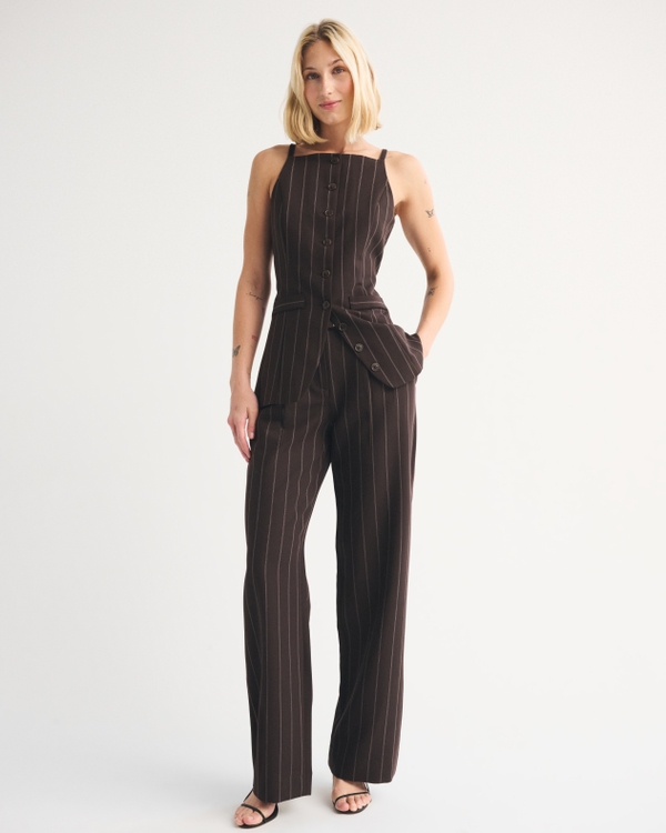 A&F Sloane Tailored Wide Leg Pant, Dark Brown Pinstripe view 1