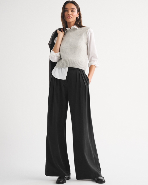 High Rise Crepe Tailored Palazzo Pant, Black view 1