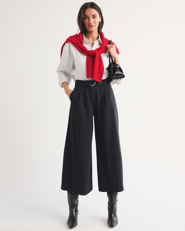 High Rise Textured Crepe Tailored Culotte Pant, Black view 1