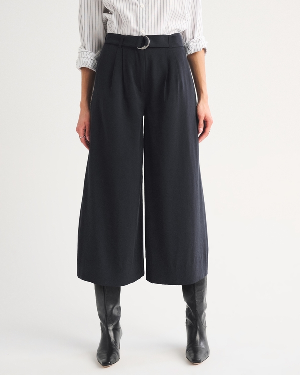 High Rise Textured Crepe Tailored Culotte Pant, Black view 2