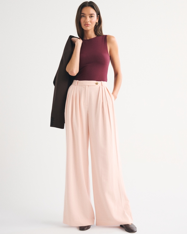 High Rise Crepe Tailored Palazzo Pant, Light Pink view 1